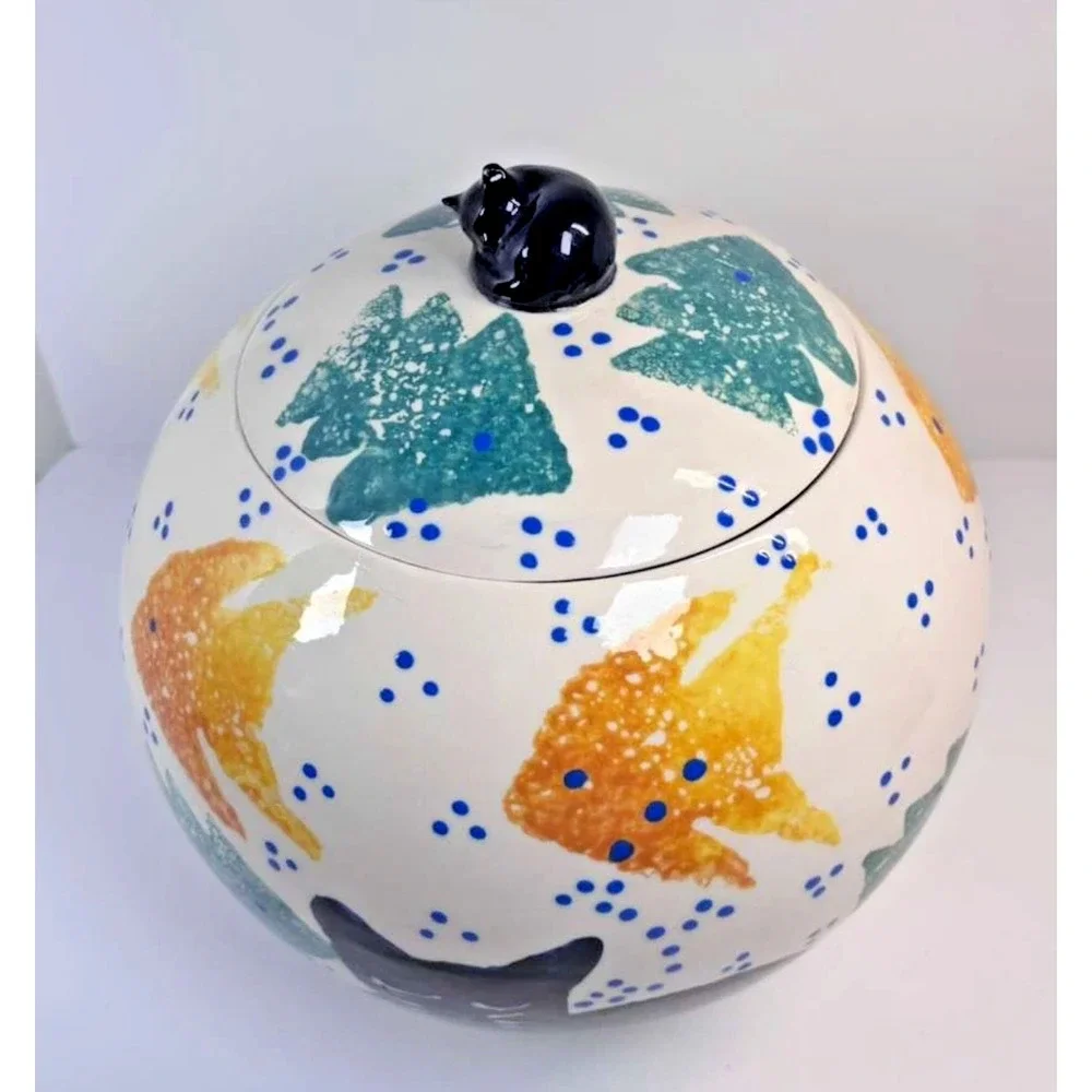Kitty Dreams Signed Sari Art Pottery Cat Cookie Jar Hand Painted 9.5